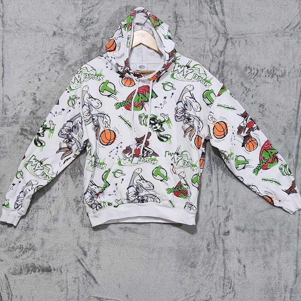 Vintage 90's Space Jam White Hoodie Graphic Print Size Medium Movie Looney Tunes